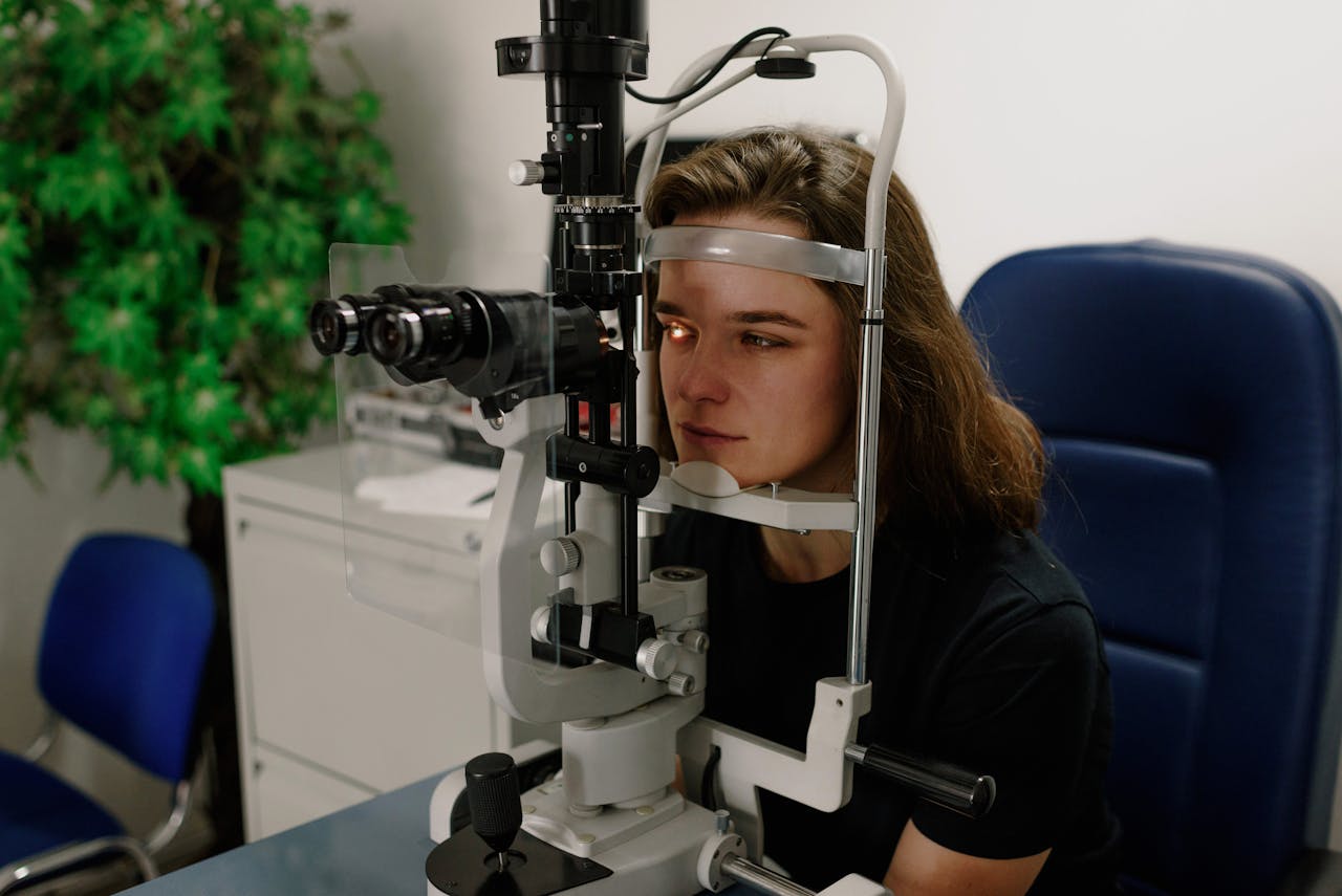 A professional eye check-up with modern equipment, highlighting ophthalmology expertise.